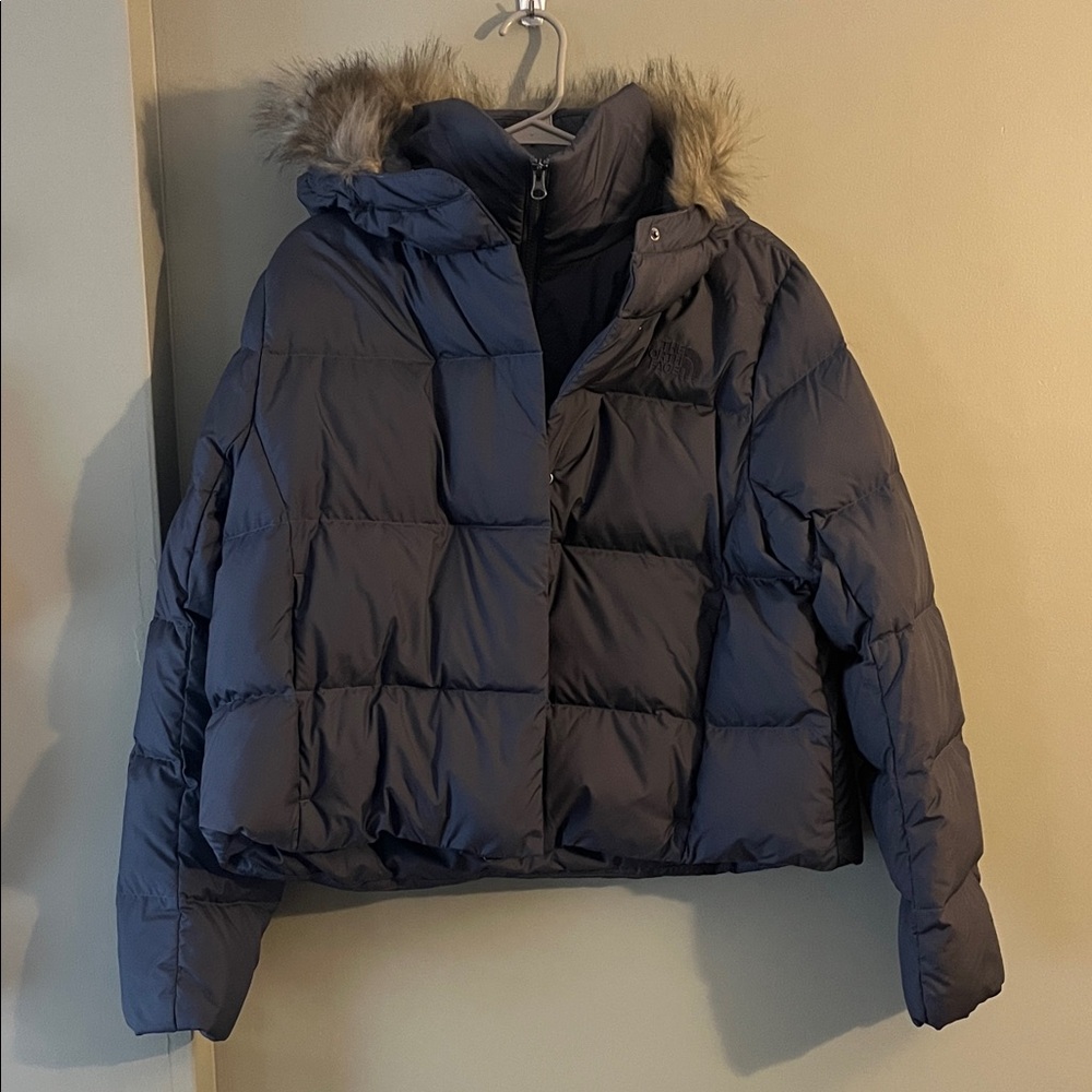 The North Face Navy Blue Puffer Jacket with Faux Fur Hood